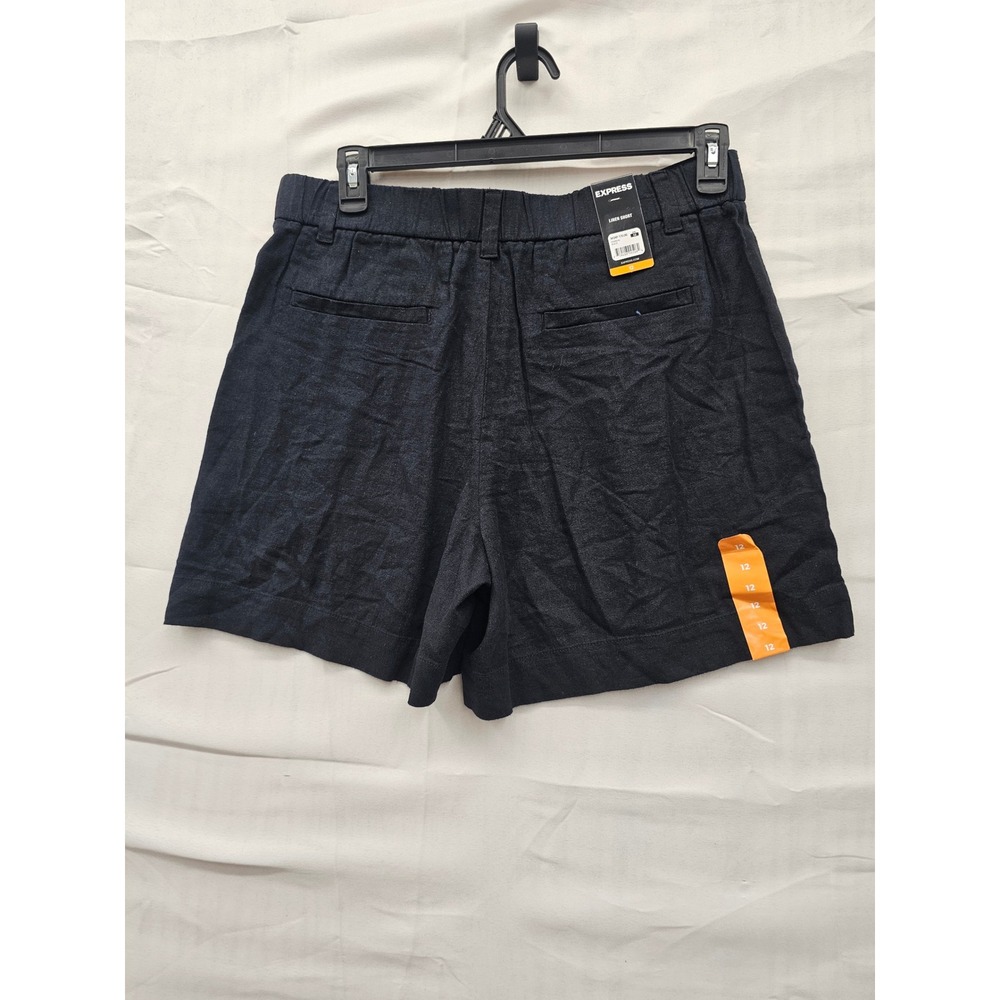 Express Women Black Linen Blend Pleated Shorts Elastic Waist Size 12 NEW